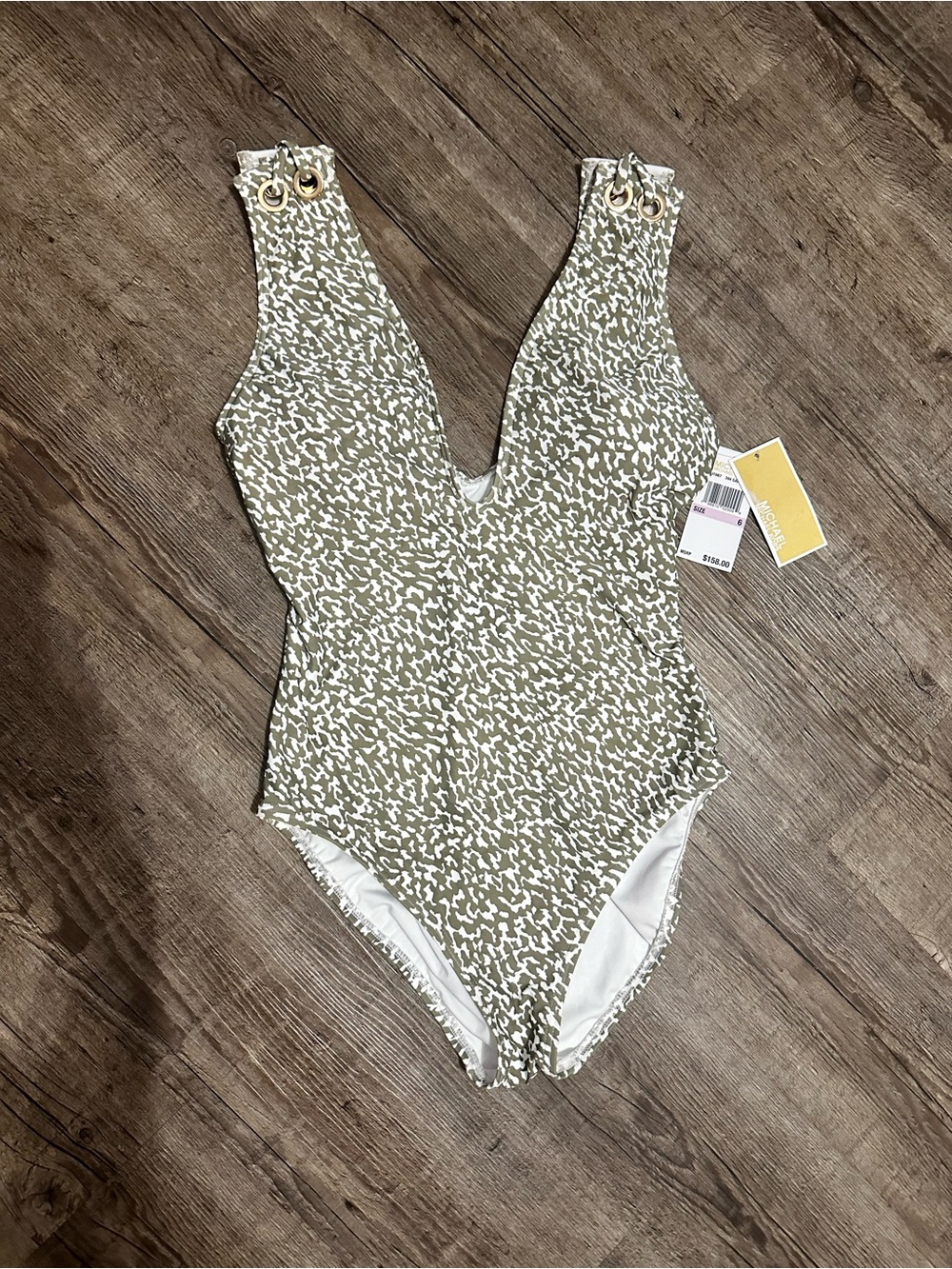 NWT Michael Kors Olive Green Safari Print Plunge One-Piece Swimsuit (Size 6)